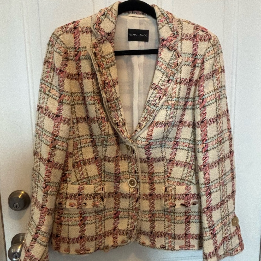 Rena Lange Women's Vintage Cream Pink Silk/Wool Blend Checkered Blazer Size 12